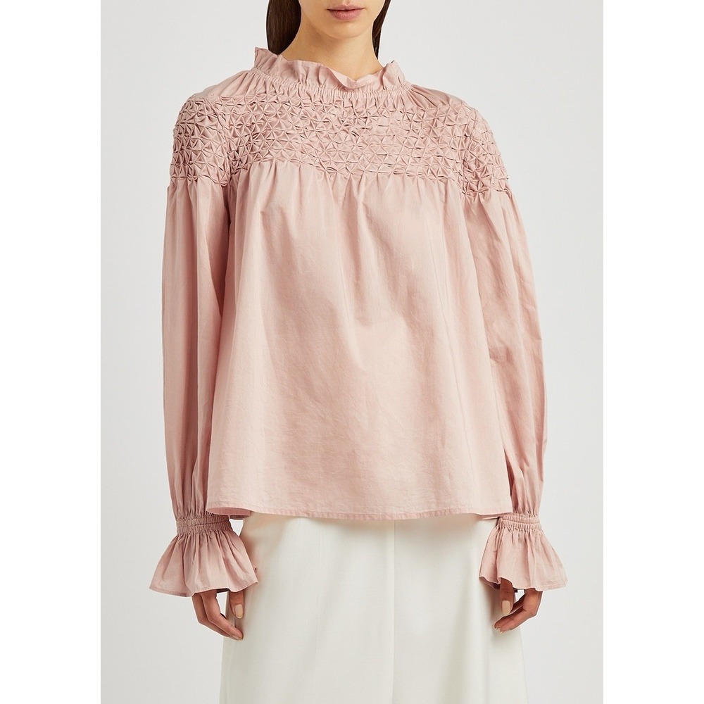 Merlette Majorelle Blouse S Pink Smocked Long Sleeve Cotton Cottage Core